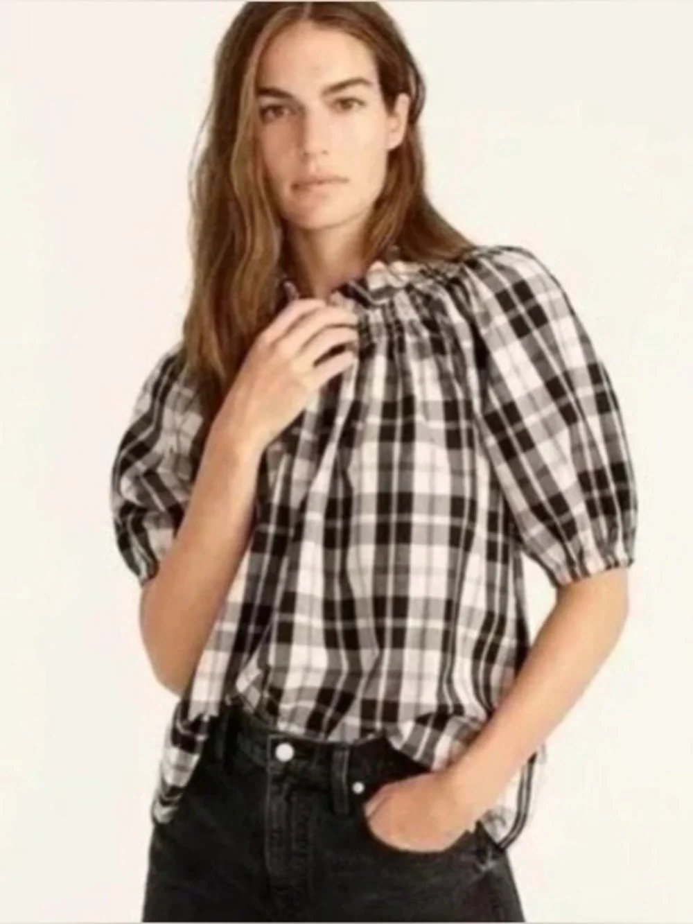 NWT J. Crew Women’s Smocked Neck Puff Sleeve Top in Friday Plaid XS